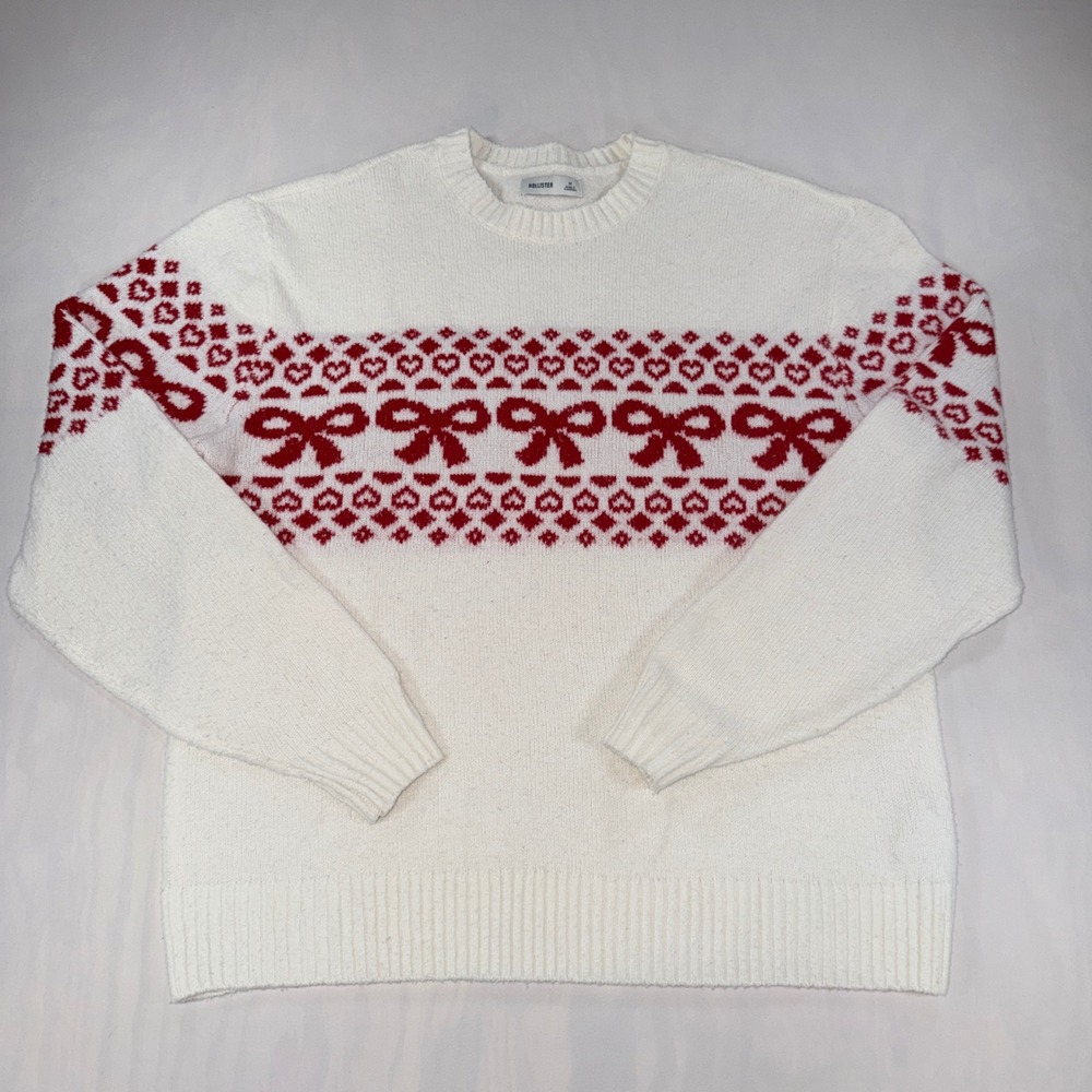 Hollister Sweater Womens Medium White Red Bow Heart Intarsia Knit Crewneck Cozy